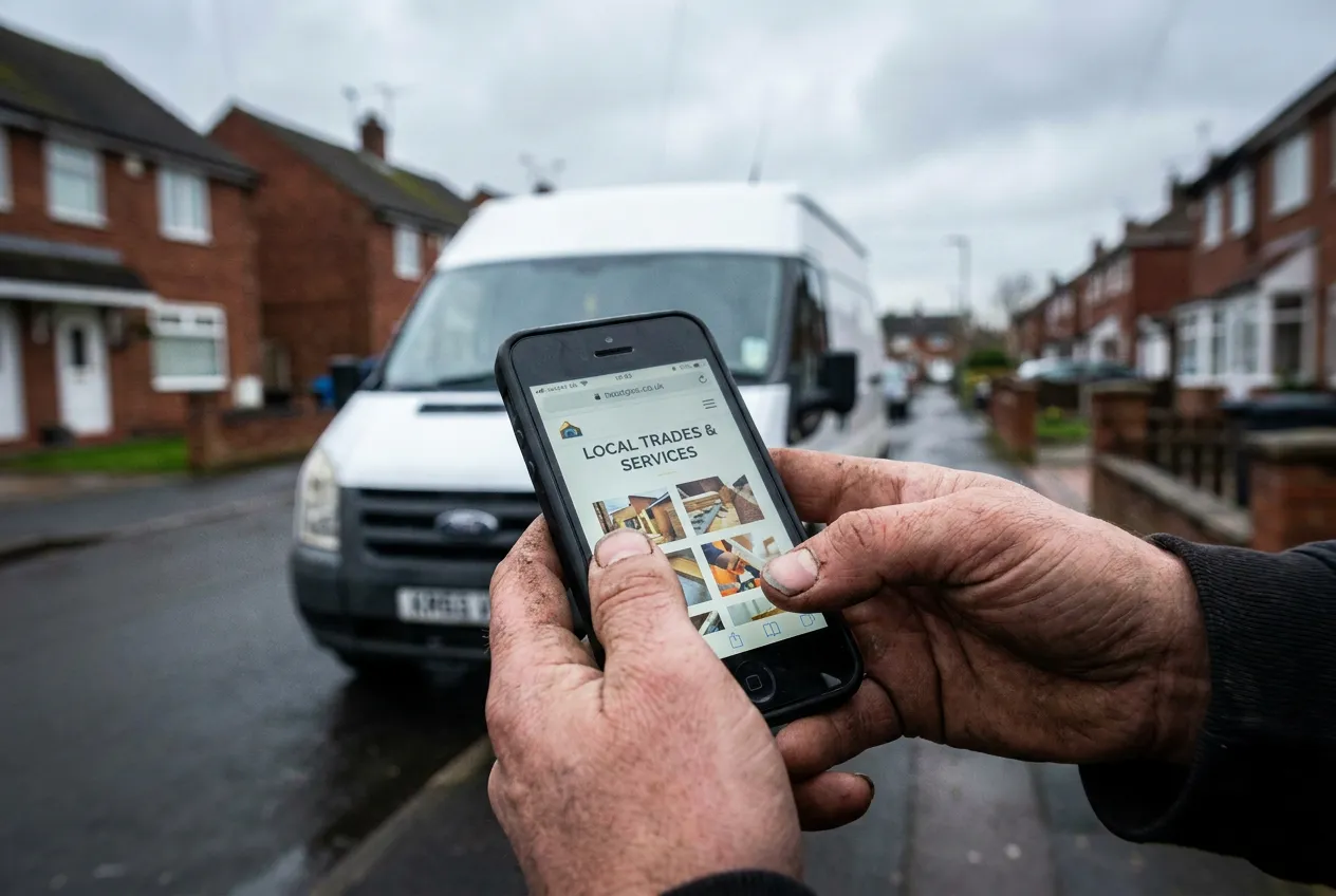A pair of work-worn hands holding a phone on a residential street, with a white transit van parked behind.