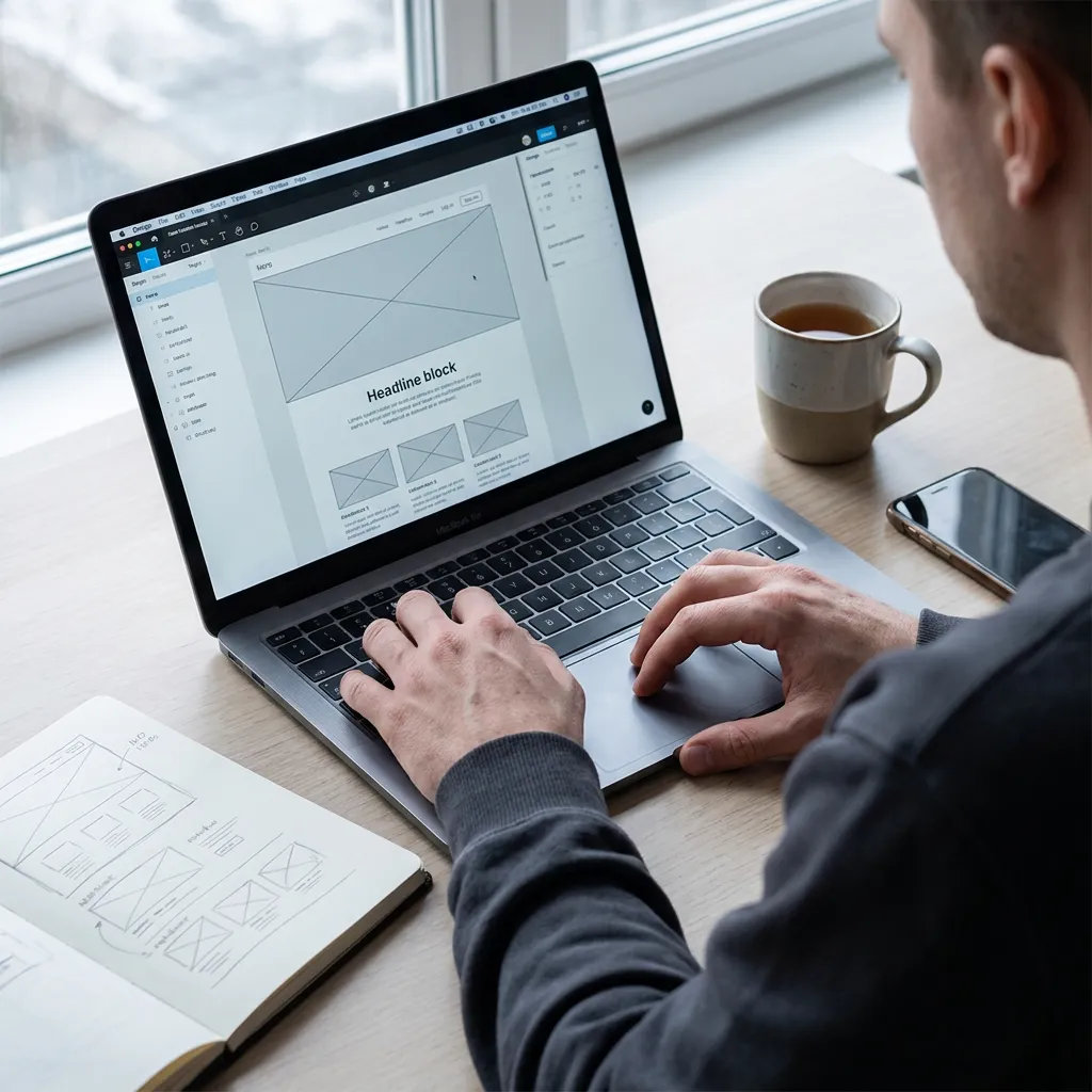 Someone working at a laptop by a window, laying out a web page in design software, with a notebook of hand-drawn wireframes open beside them.