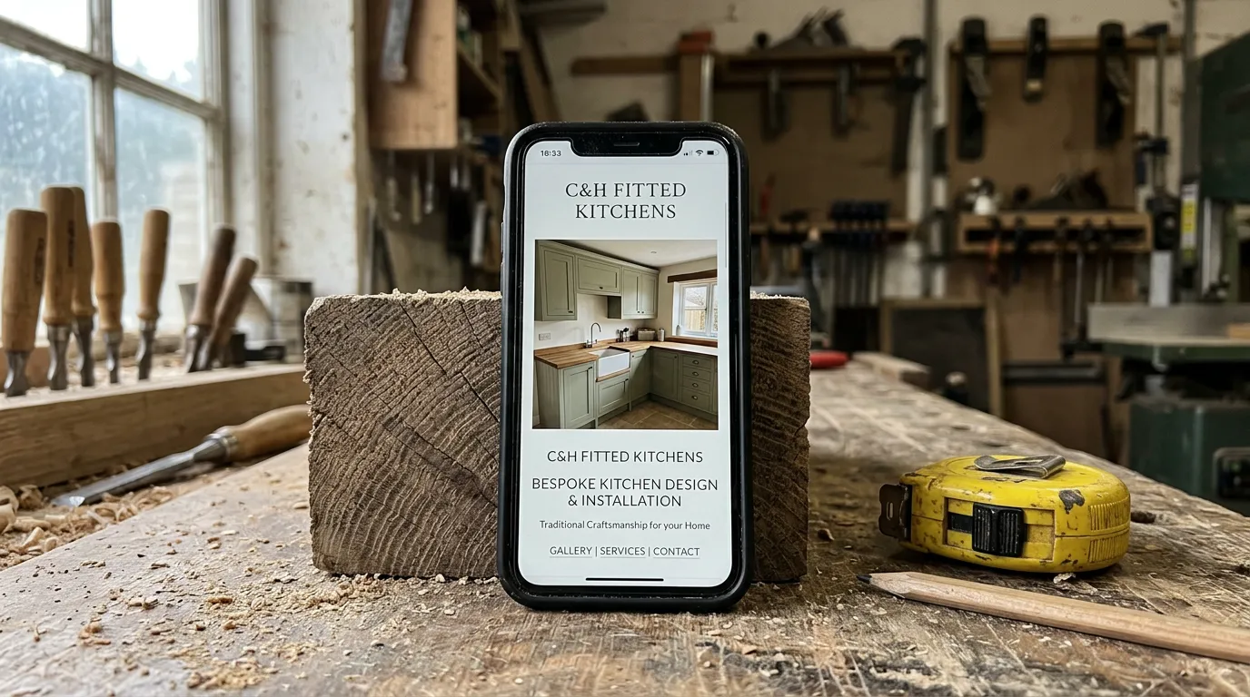 A phone propped against a timber offcut on a joiner's workbench, showing a fitted kitchen website. Chisels and hand tools lie around it.